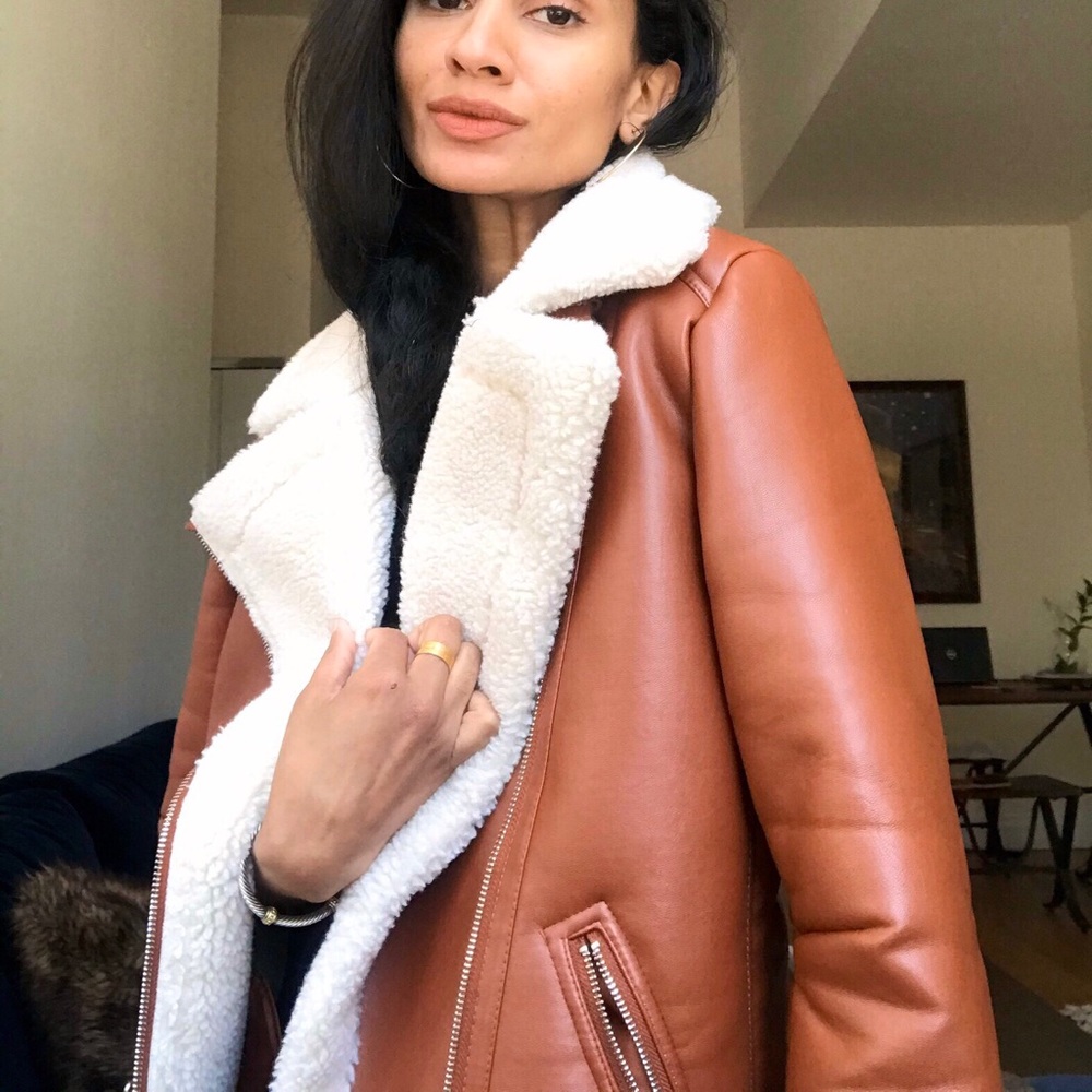 Tan faux shearling moto jacket